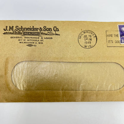 1949 J.M. Schneider & Son Co.  Insurance Letterhead & Envelope Milwaukee WI AA7