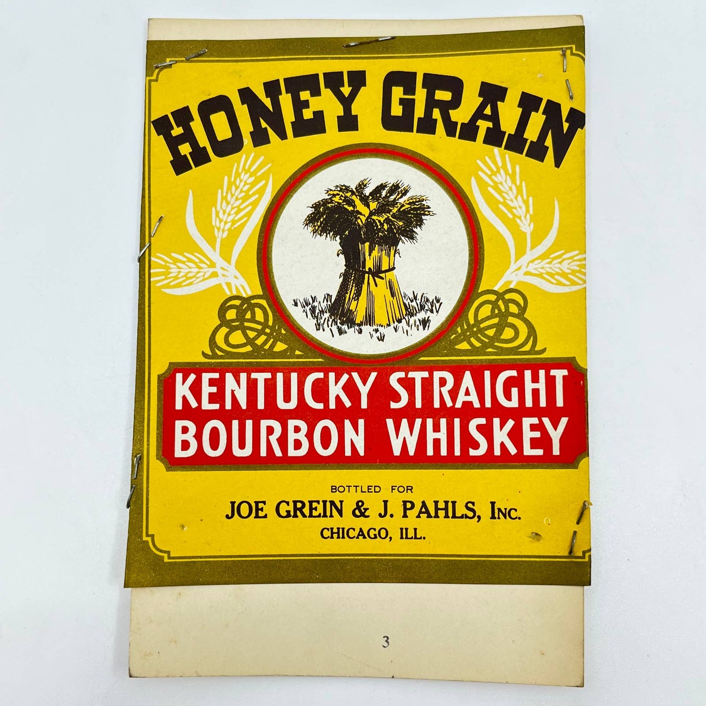 Honey Grain Bourbon Whiskey Label Joe Grein & J. Pahls Inc. Chicago IL