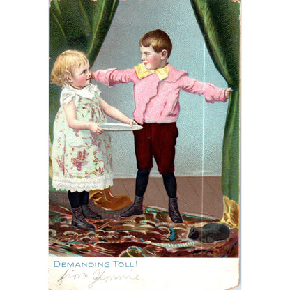 Victorian Boy & Girl Playing c1905 Raphael Tuck Original Postcard P3-2