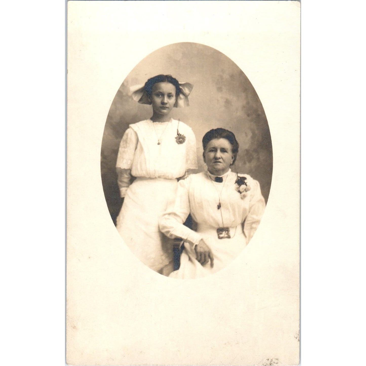 Victorian Mother and Daughter in White RPPC Real Photo Postcard PB1