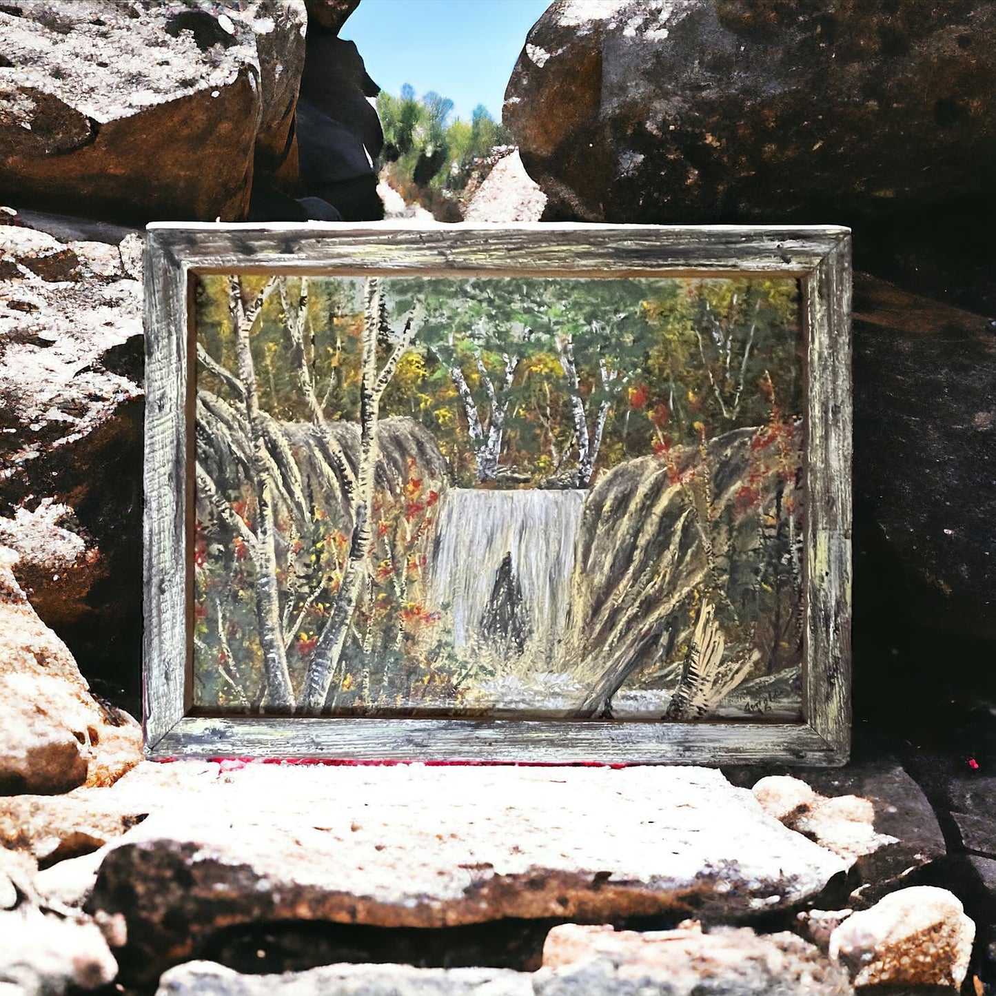 Original Art Woodland Waterfall Scene Barn wood Frame Signed Arnold 20x27"