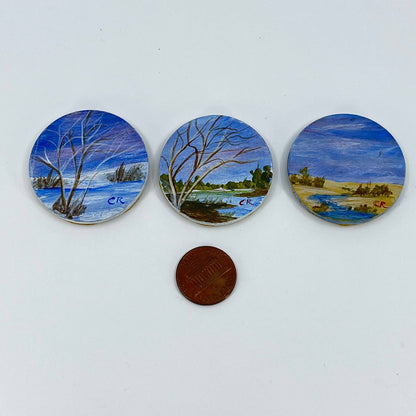 Vintage Lot of 3 Hand Painted Refrigerator Magnets Outdoor Nature Scenes TE7