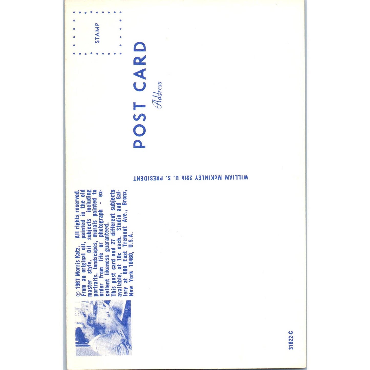 William McKinley Portrait Morris Katz 1960s Original Postcard TK1-21