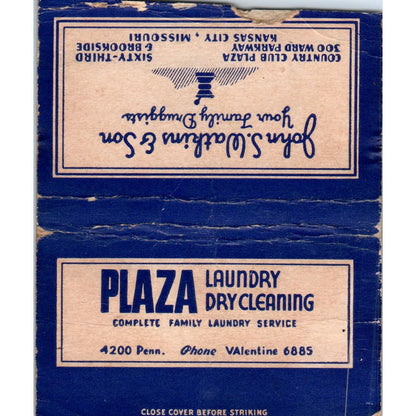 Plaza Laundry Dry Cleaning Kansas City Wide Advertising Matchbook Cover SA9-M7