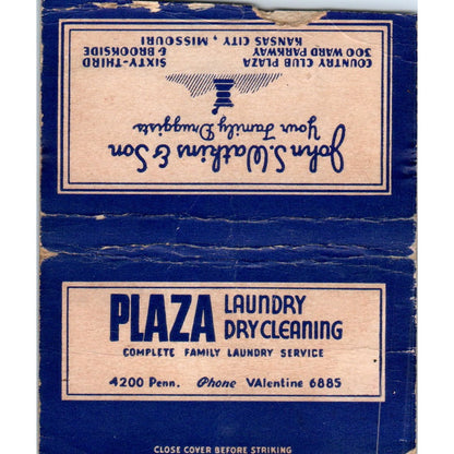 Plaza Laundry Dry Cleaning Kansas City Wide Advertising Matchbook Cover SA6-M7