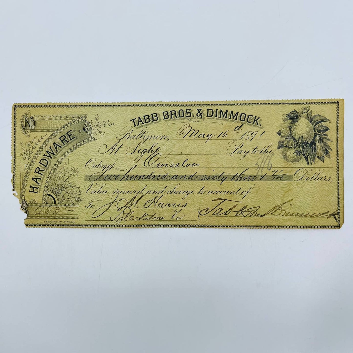 1891 Bank Check Tabb Bros & Dimmock Hardware JM Harris Baltimore MD AA5