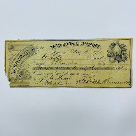 1891 Bank Check Tabb Bros & Dimmock Hardware JM Harris Baltimore MD AA5