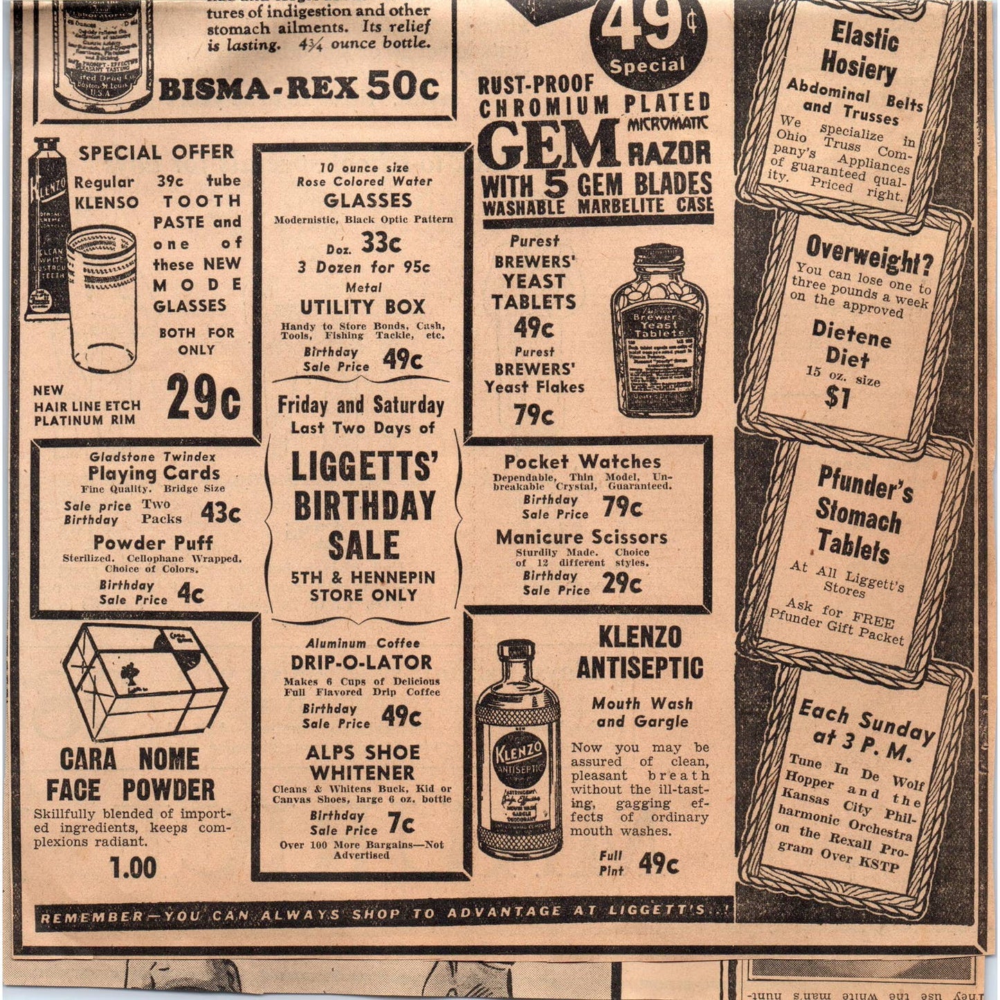 1935 Minneapolis Journal Newspaper Ad Liggett's Rexall Drug Stores Sale FL5-2