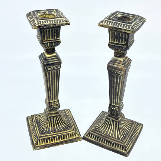 Pair Vintage Heavy Cast Iron Art Deco Fluted Candlestick Holder Taper Candle TG3