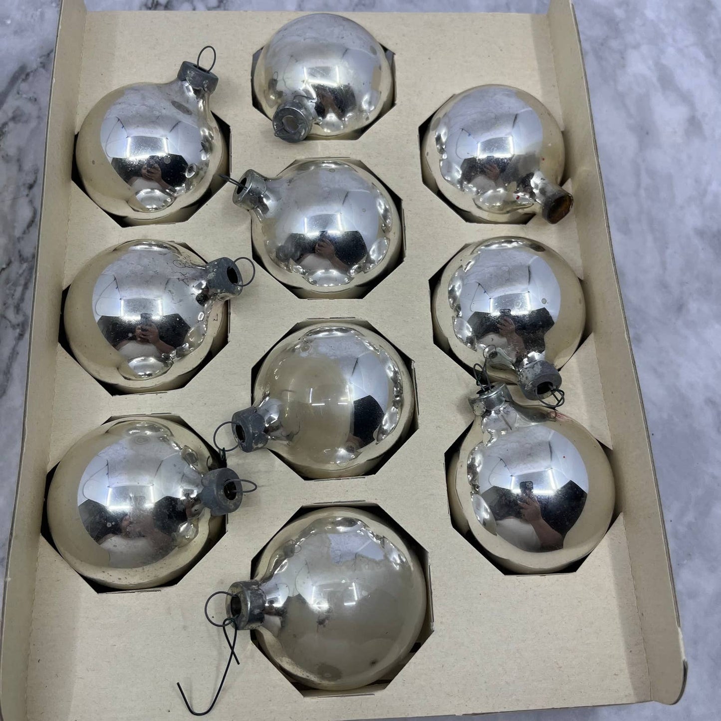 HOLLY 10 Vintage 2 1/4" Mercury Glass Ornaments Original Box Silver TJ9