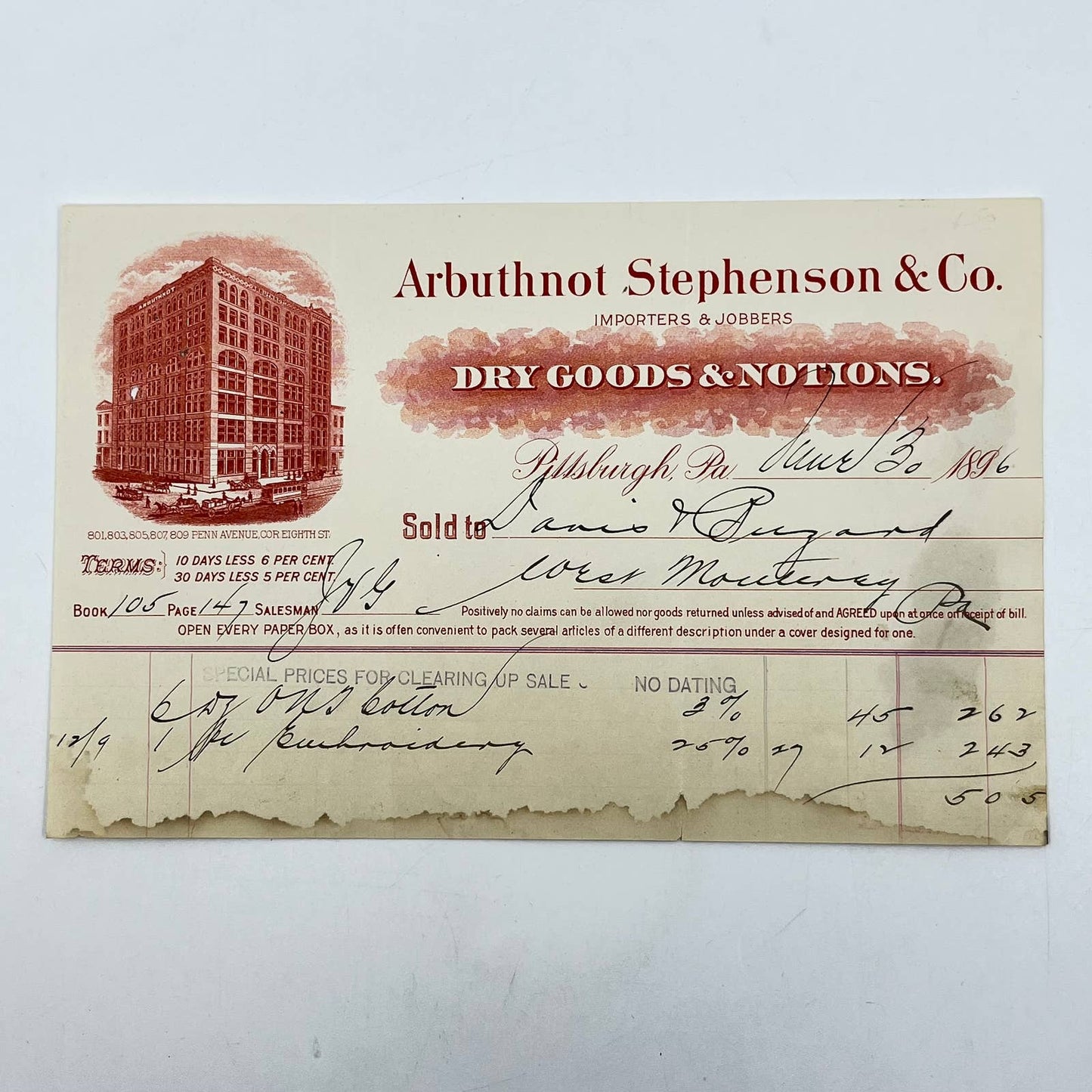 1896 Arbuthnot Stephenson & Co Dry Goods Letterhead Pittsburgh PA AB5