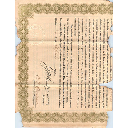 1907 American Mutual Benefit Life Insurance Certificate Lucinda Peavy Shreve AD6