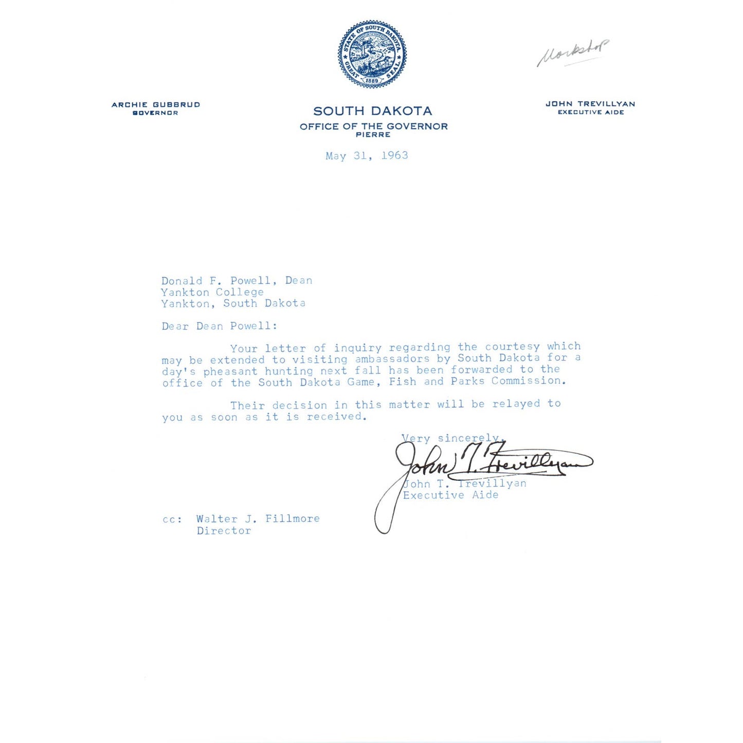 South Dakota Governor Archie Gubbrud Letterhead Memo May 31, 1963 TK1-P4