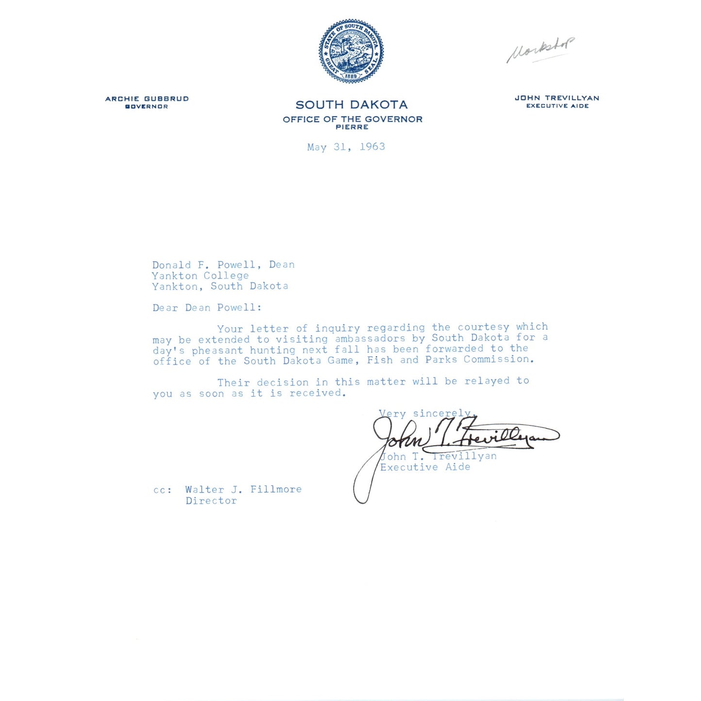 South Dakota Governor Archie Gubbrud Letterhead Memo May 31, 1963 B10