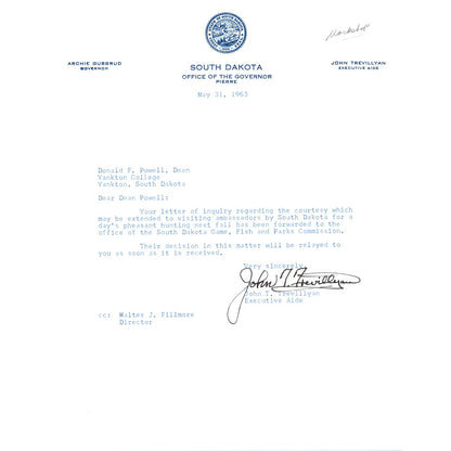 South Dakota Governor Archie Gubbrud Letterhead Memo May 31, 1963 B10