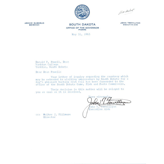 South Dakota Governor Archie Gubbrud Letterhead Memo May 31, 1963 B10