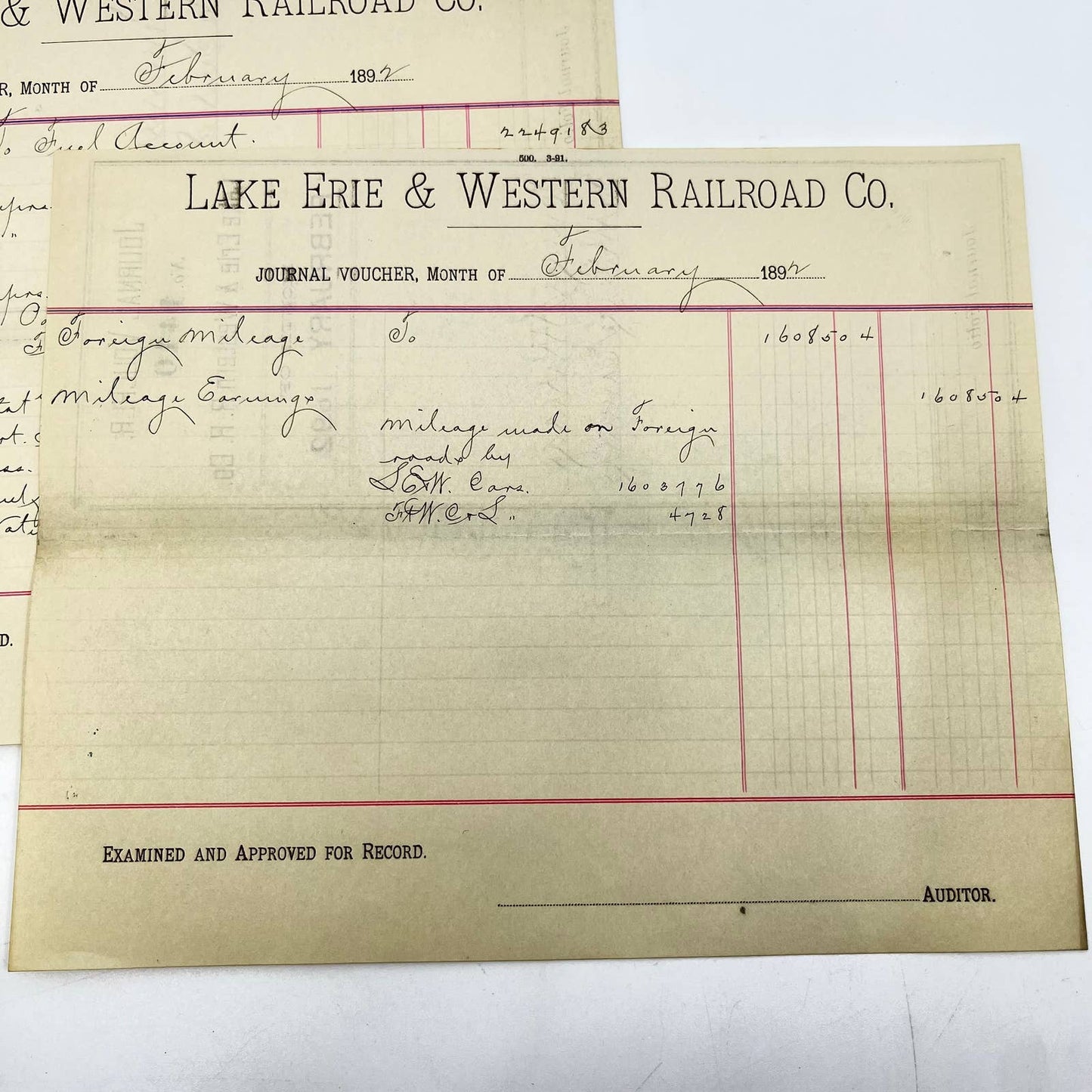 1892 Lake Erie & Western Railroad Co. Journal Voucher RR Lot of 2 AB1-2