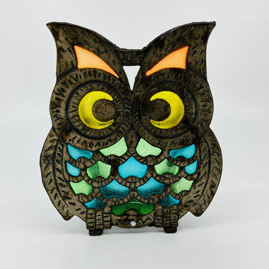 1970s Metal Owl Napkin Holder Letter Holder Cast Iron Stained Glass Style 6” TB6