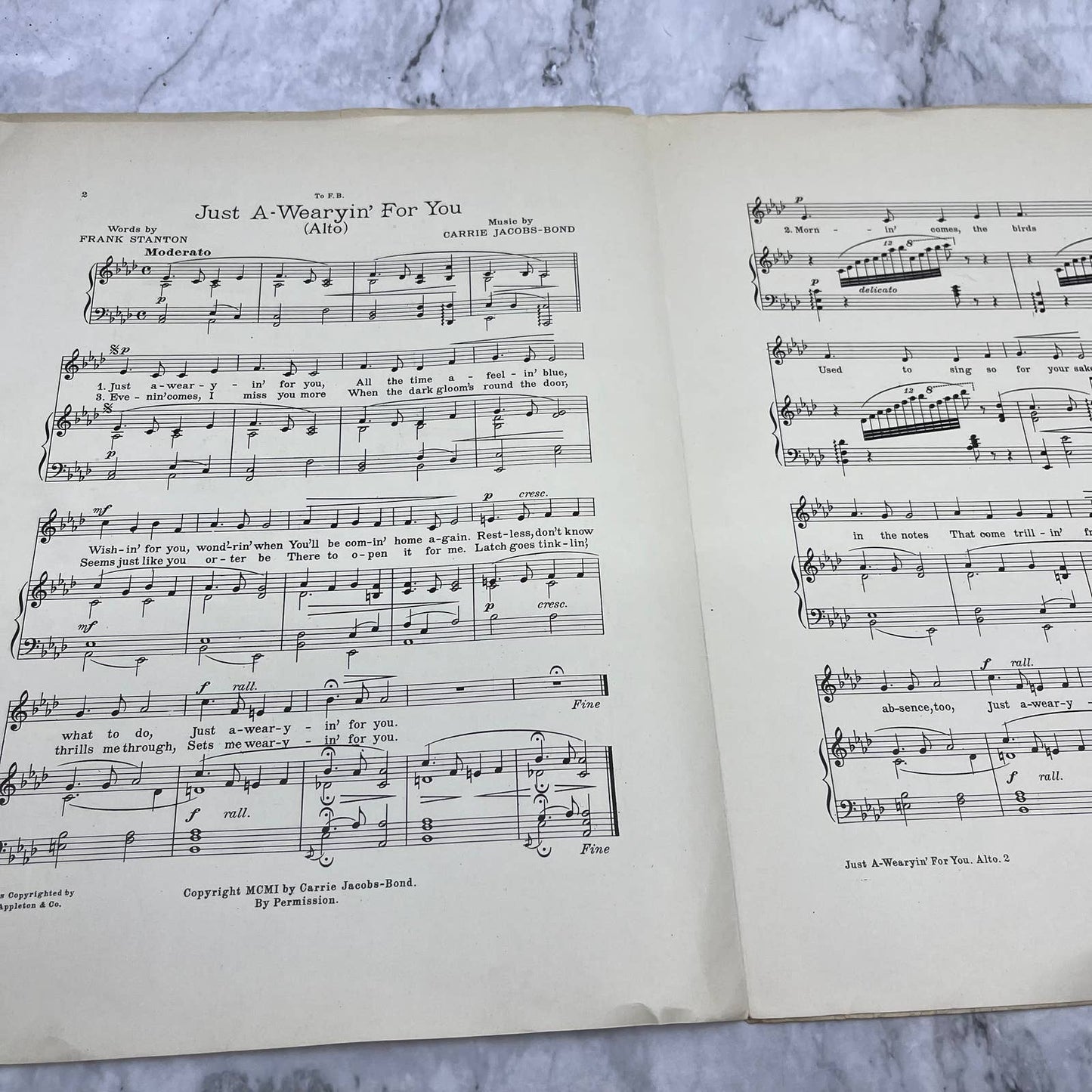 1901 Just A-Wearyin’ For You Frank Stanton Carrie Jacobs Bond Sheet Music TI1