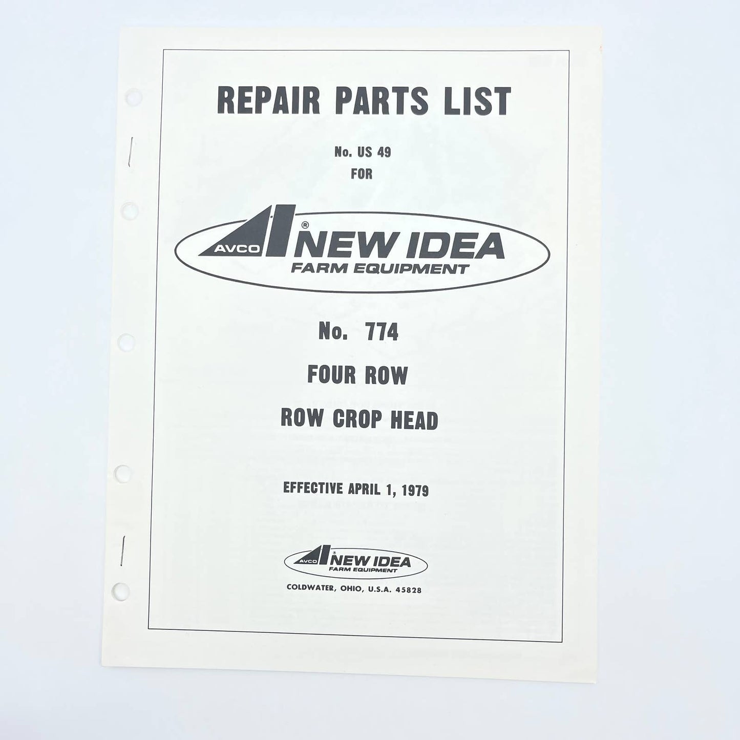 Original 1979 New Idea Repair Parts List US 49 774 Four Row Row Crop Head TB9