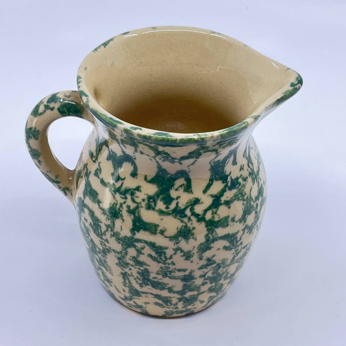 Robinson Ransbottom Green Spongeware Creamer Pitcher RRP Roseville 1 Pt 4.5” TE8