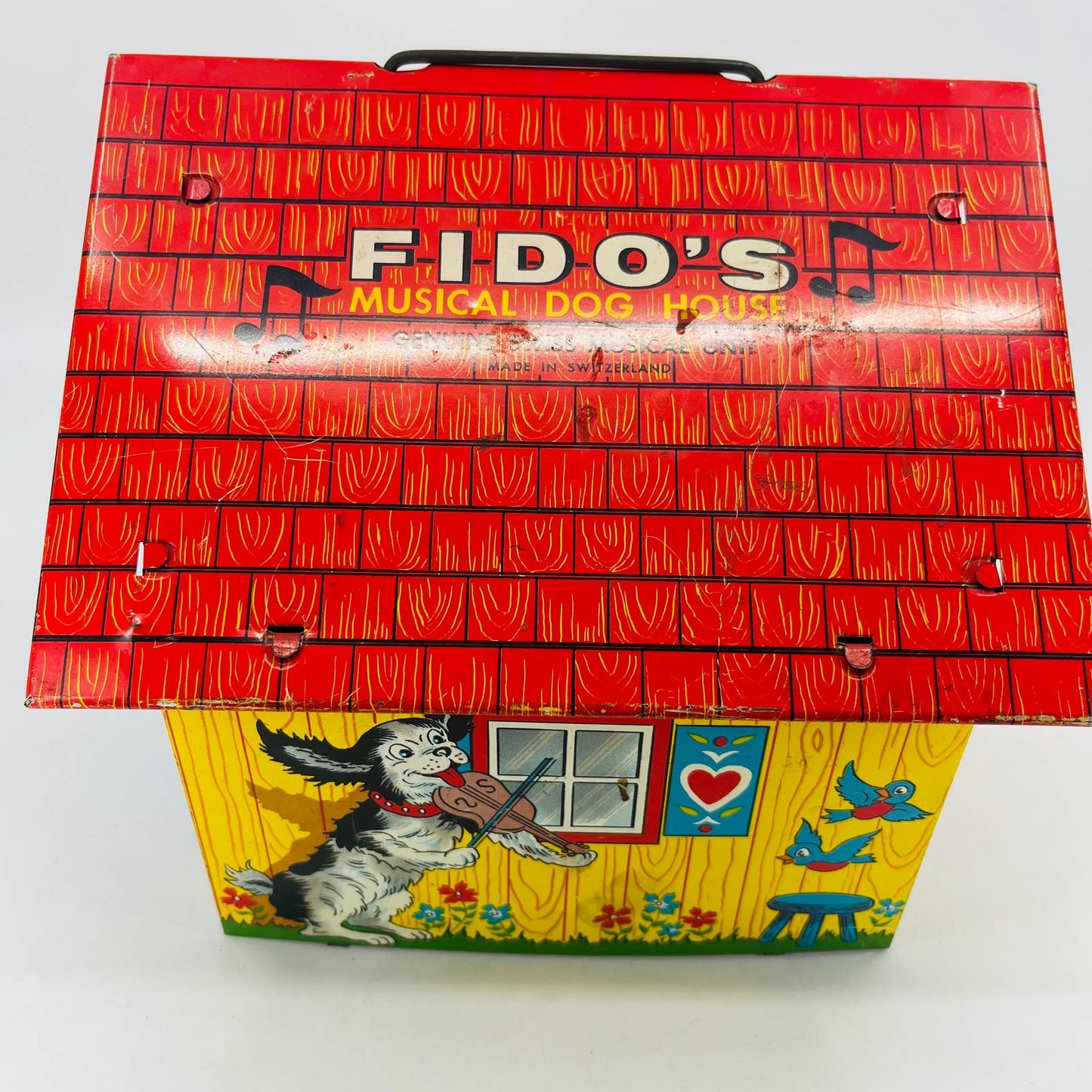 Fido’s Musical Dog House Vintage Tin Litho Wind Up Toy Ohio Art WORKS Swiss TC4