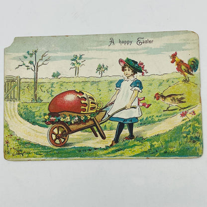 1910s Easter Post Card Embossed Chickens Girl Pushing Giant Egg Wheelbarrow PA5