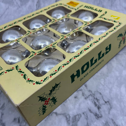HOLLY 10 Vintage 2 1/4" Mercury Glass Ornaments Original Box Silver TJ9