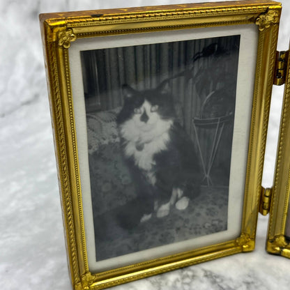 Vintage 1960s-70s Bi-fold Brass Photo Frame With Pet Cats 4.5x7 TE3