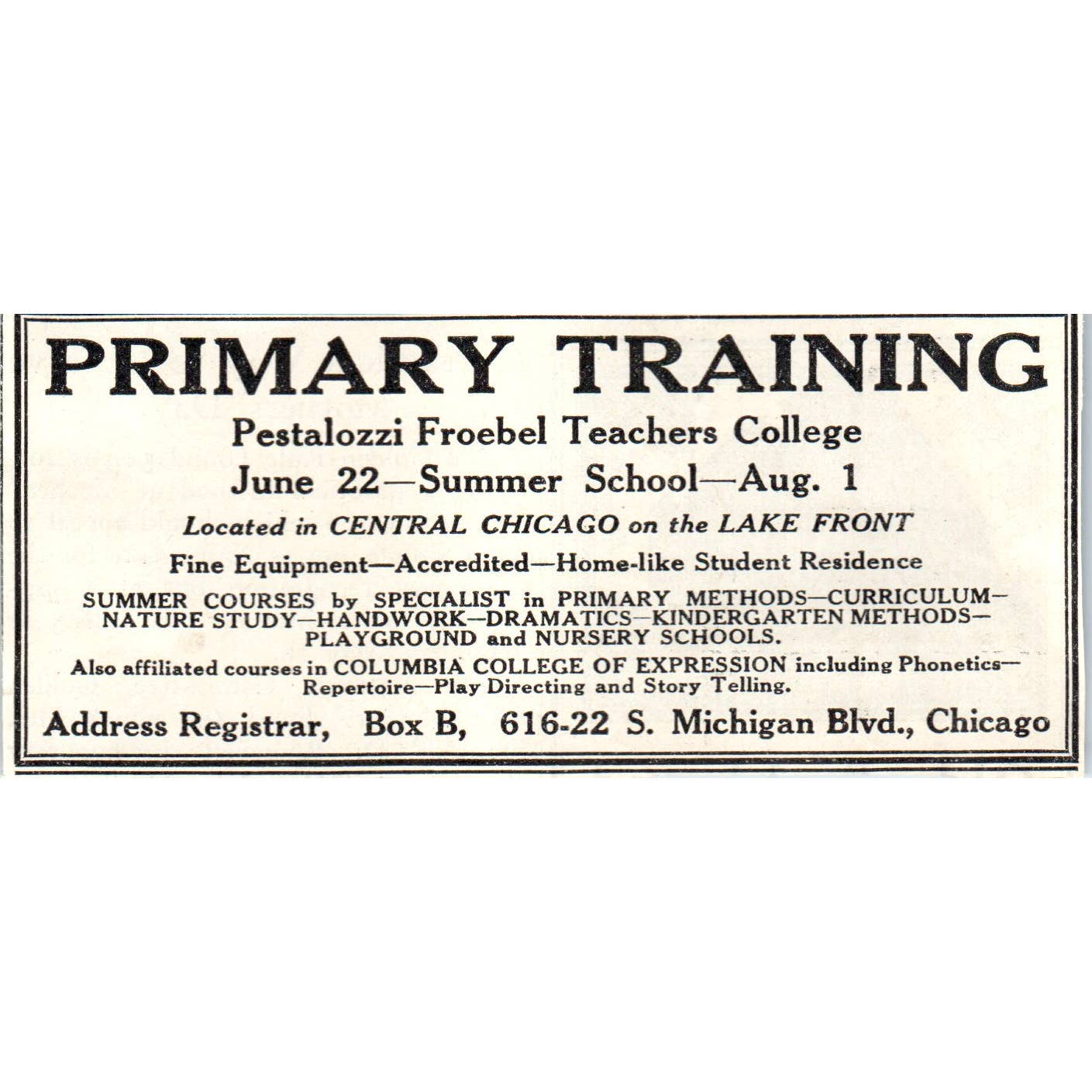 1931 Primary Training Pestalozzi Froebel Teachers College Chicago Ad 2.5x4 SE6-1