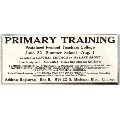 1931 Primary Training Pestalozzi Froebel Teachers College Chicago Ad 2.5x4 SE6-1