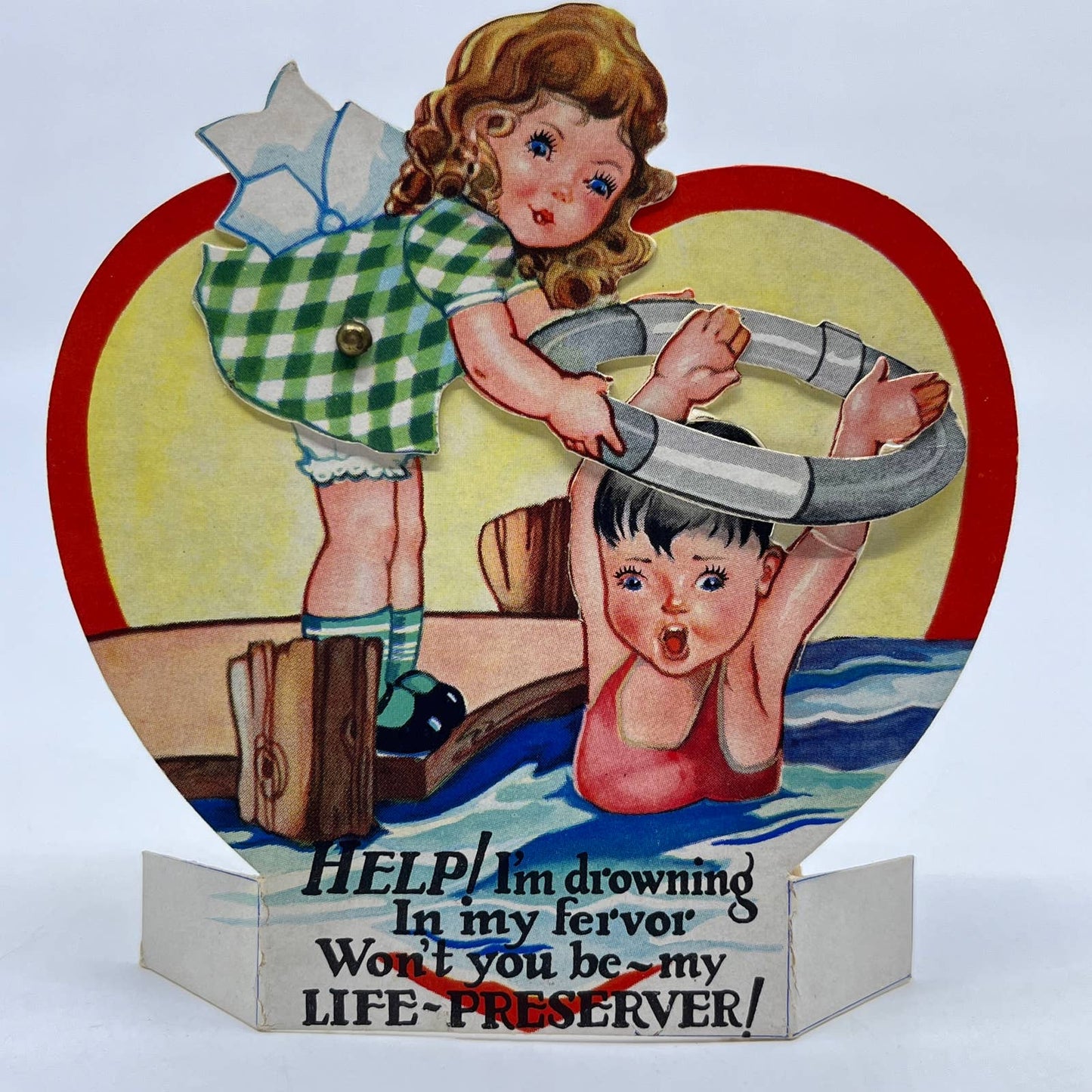 1920s Mechanical Moving Valentine Girl Dog Die Cut Stand Up Life Preserver AC8