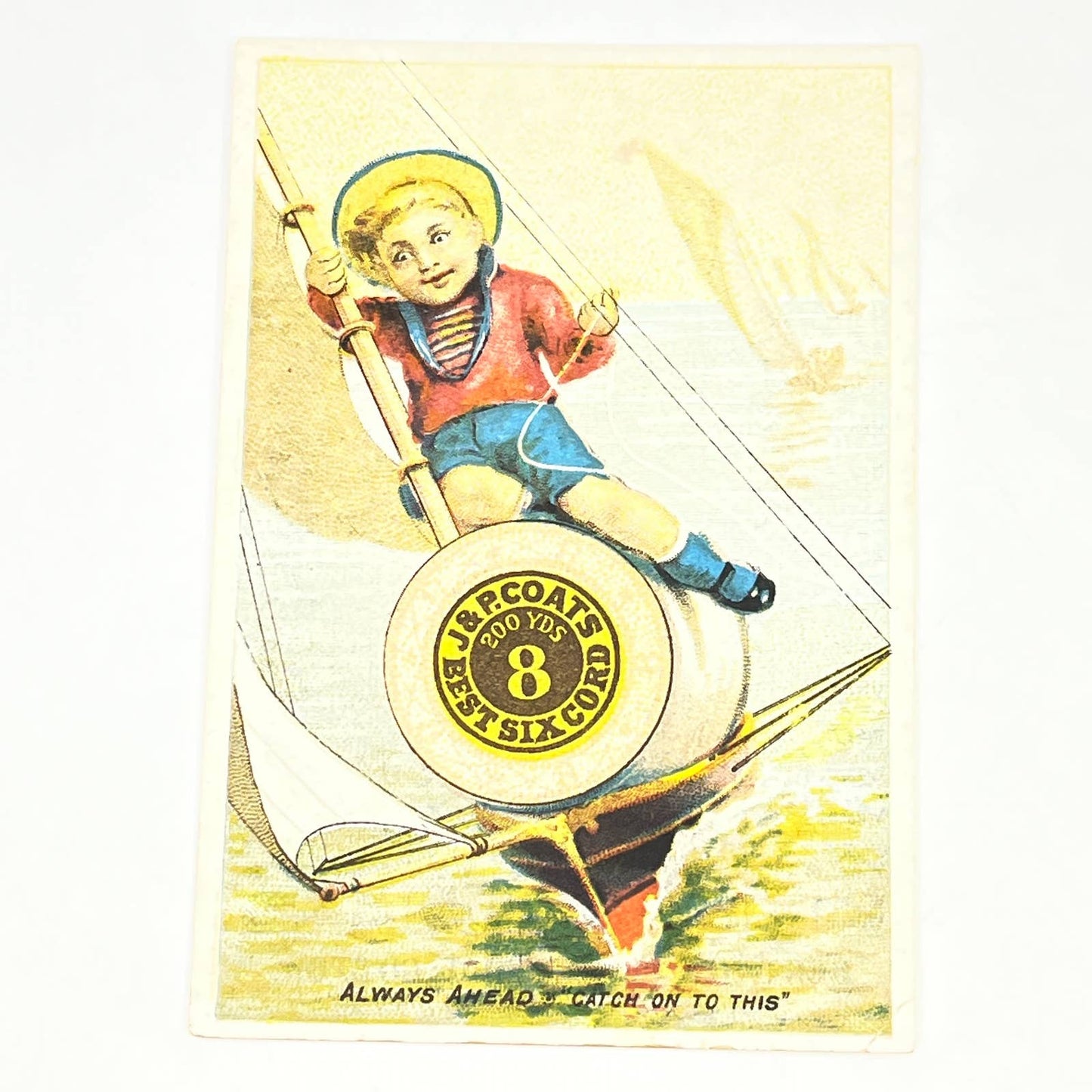 Original 1880s Victorian Trade Card J & P Coates Thread Boy on Sailboat AB6