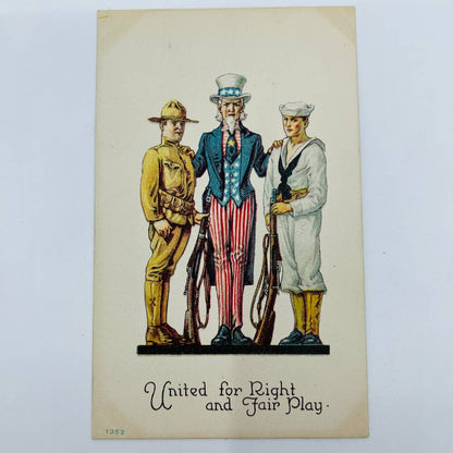 c1918 Postcard WWI Army Navy Soldiers Uncle Sam United for Right & Fair Play PA9