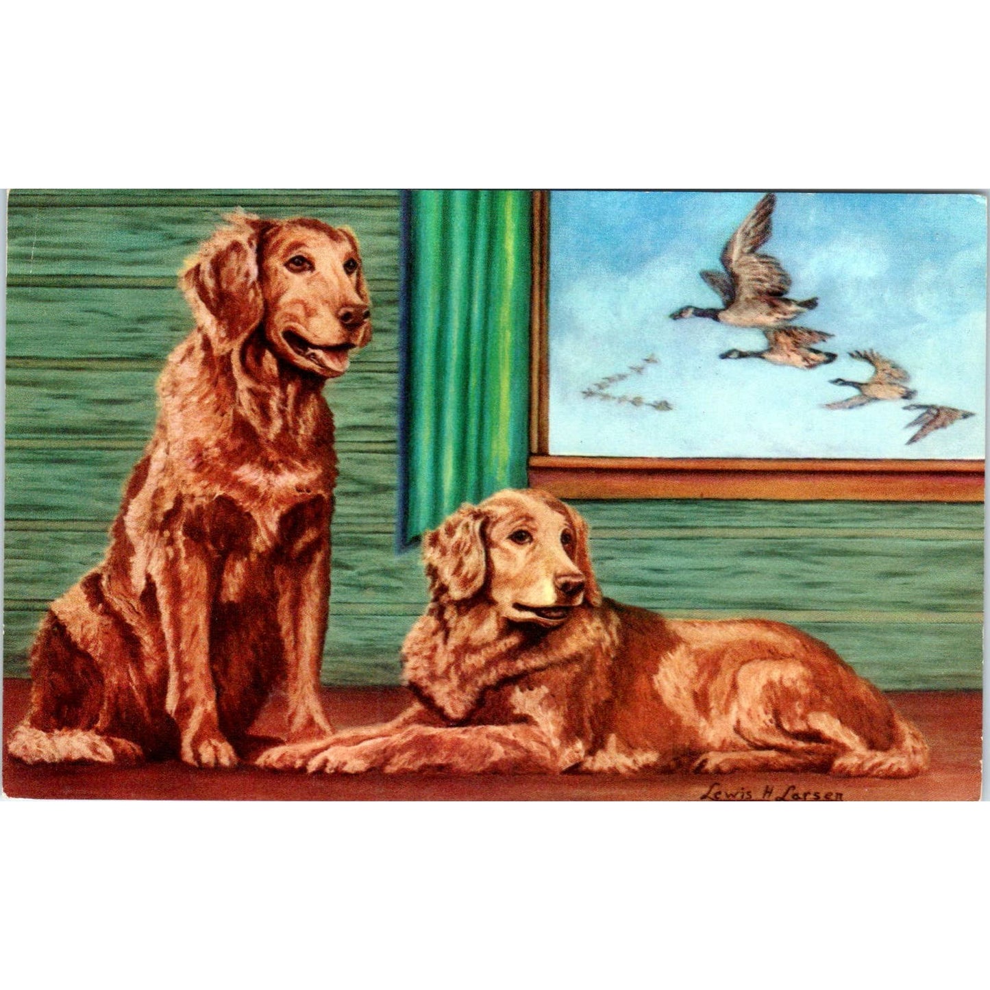 Lewis H. Larsen 1953 Golden Retriever Dog Painting Original Postcard TK1-27-2