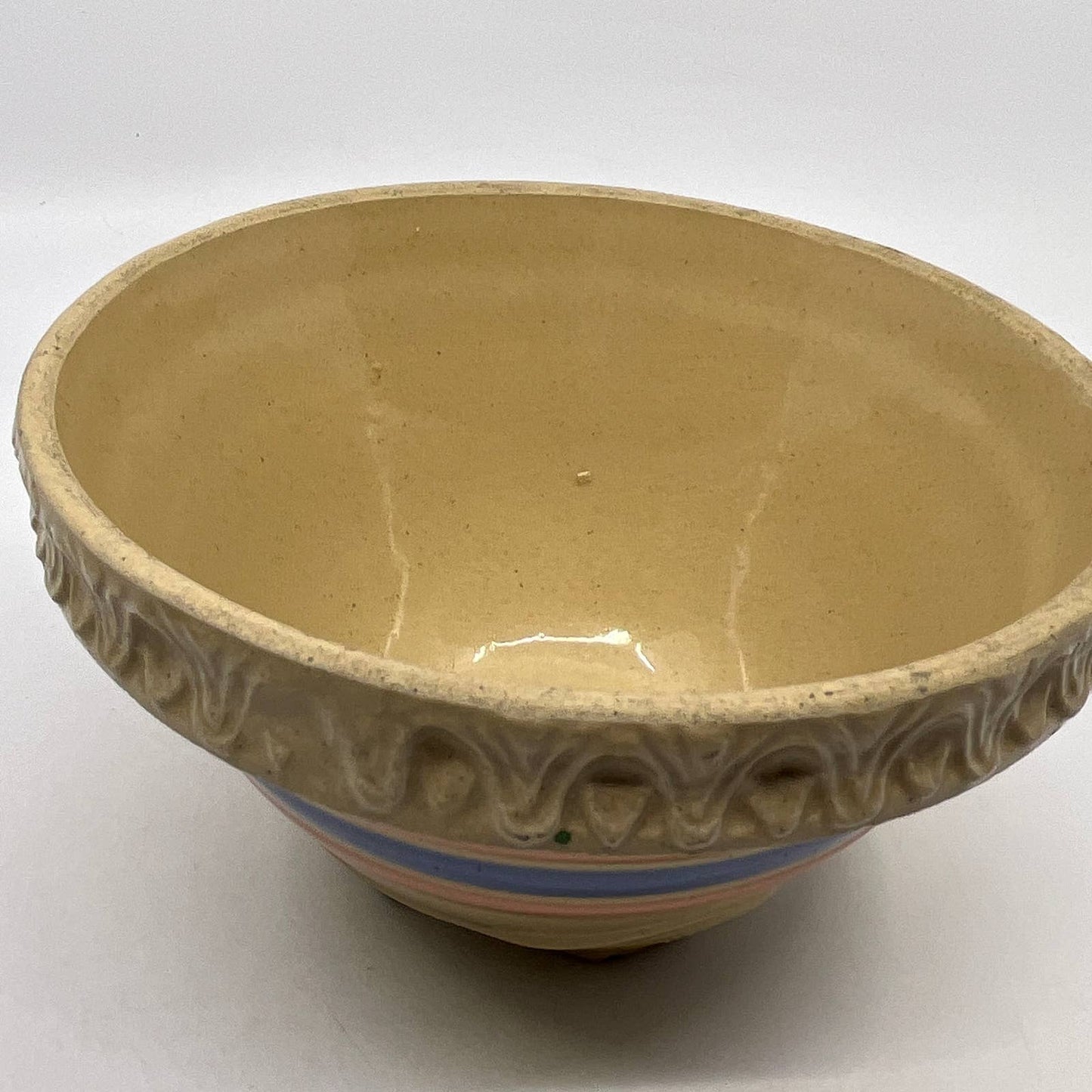 Vintage McCoy Yellow Ware Blue Pink Striped Mixing Bowl 6” Pie Crust Rim TH5
