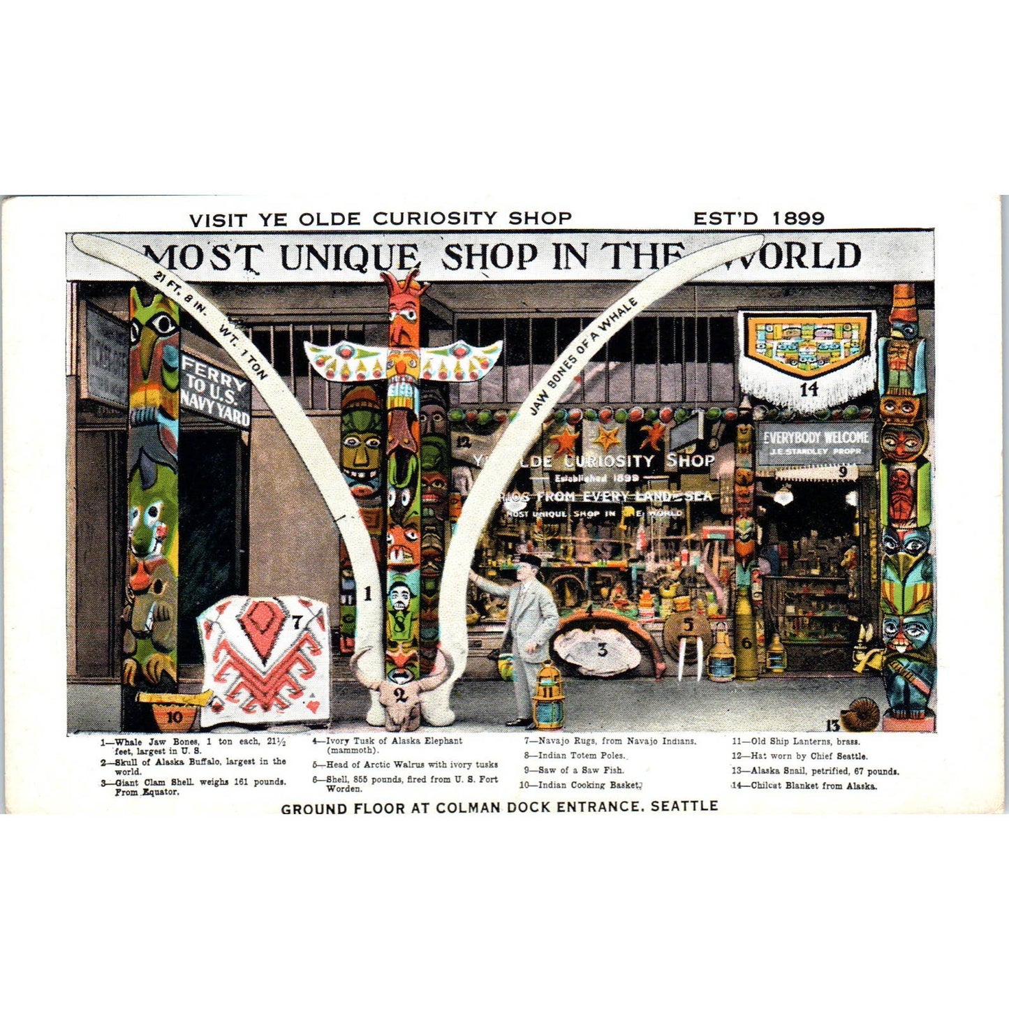 Vintage Postcard Ye Olde Curiosity Shop Colman Dock Seattle Washington TD9