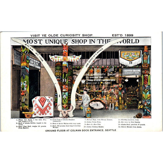 Vintage Postcard Ye Olde Curiosity Shop Colman Dock Seattle Washington TD9