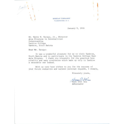 Korean Embassy Letterhead Memo Hyun Chul Kim 1/29/66 TK1-P9