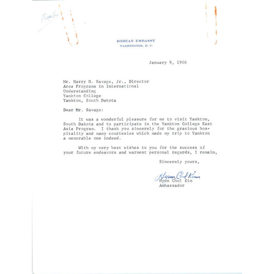 Korean Embassy Letterhead Memo Hyun Chul Kim 1/29/66 TK1-P9