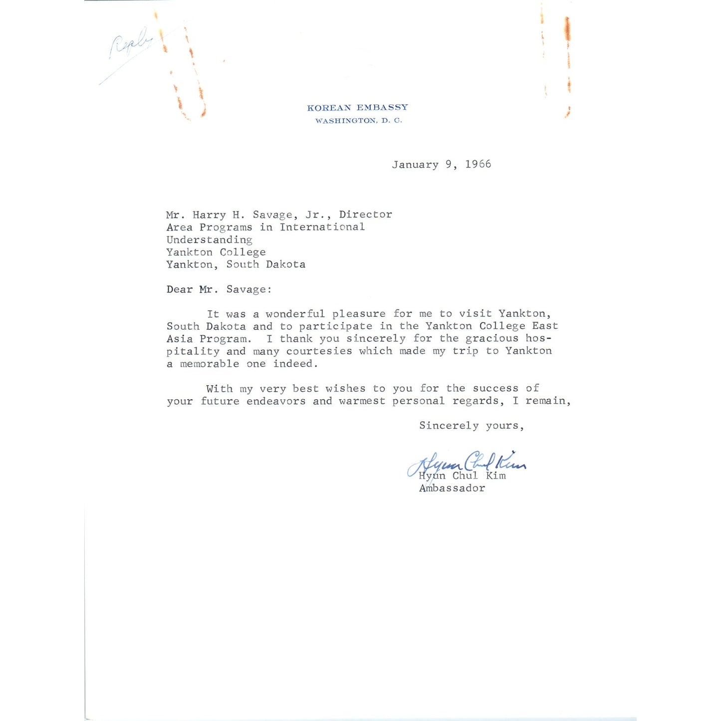 Korean Embassy Letterhead Memo Hyun Chul Kim 1/29/66 B14