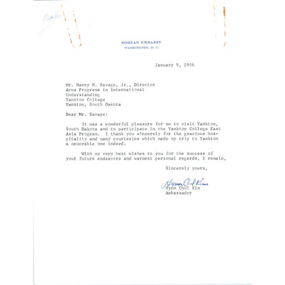 Korean Embassy Letterhead Memo Hyun Chul Kim 1/29/66 B14