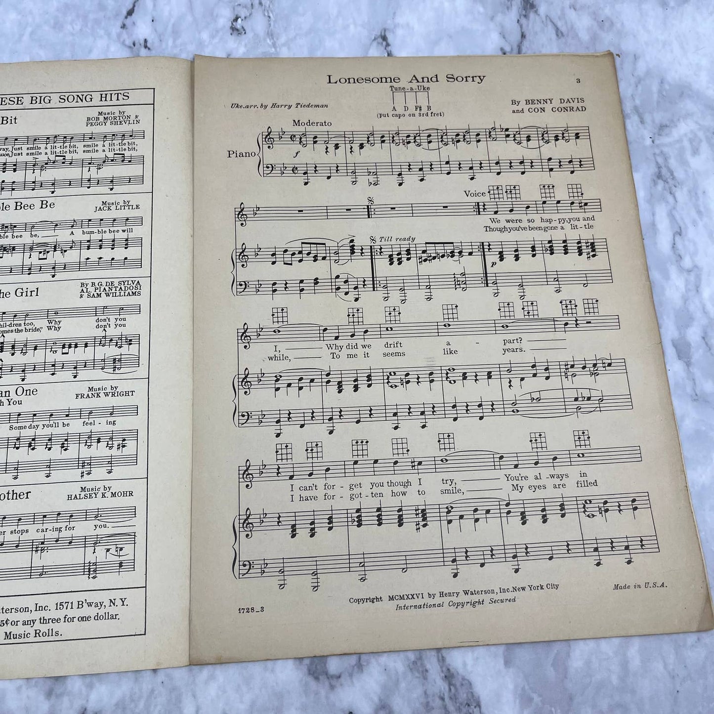 1926 SHEET MUSIC "LONESOME AND SORRY" Benny Davis Con Conrad TH1