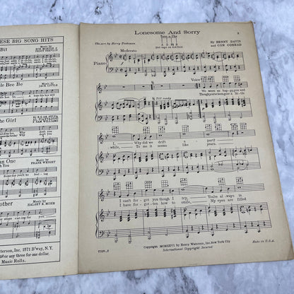 1926 SHEET MUSIC "LONESOME AND SORRY" Benny Davis Con Conrad V42-4