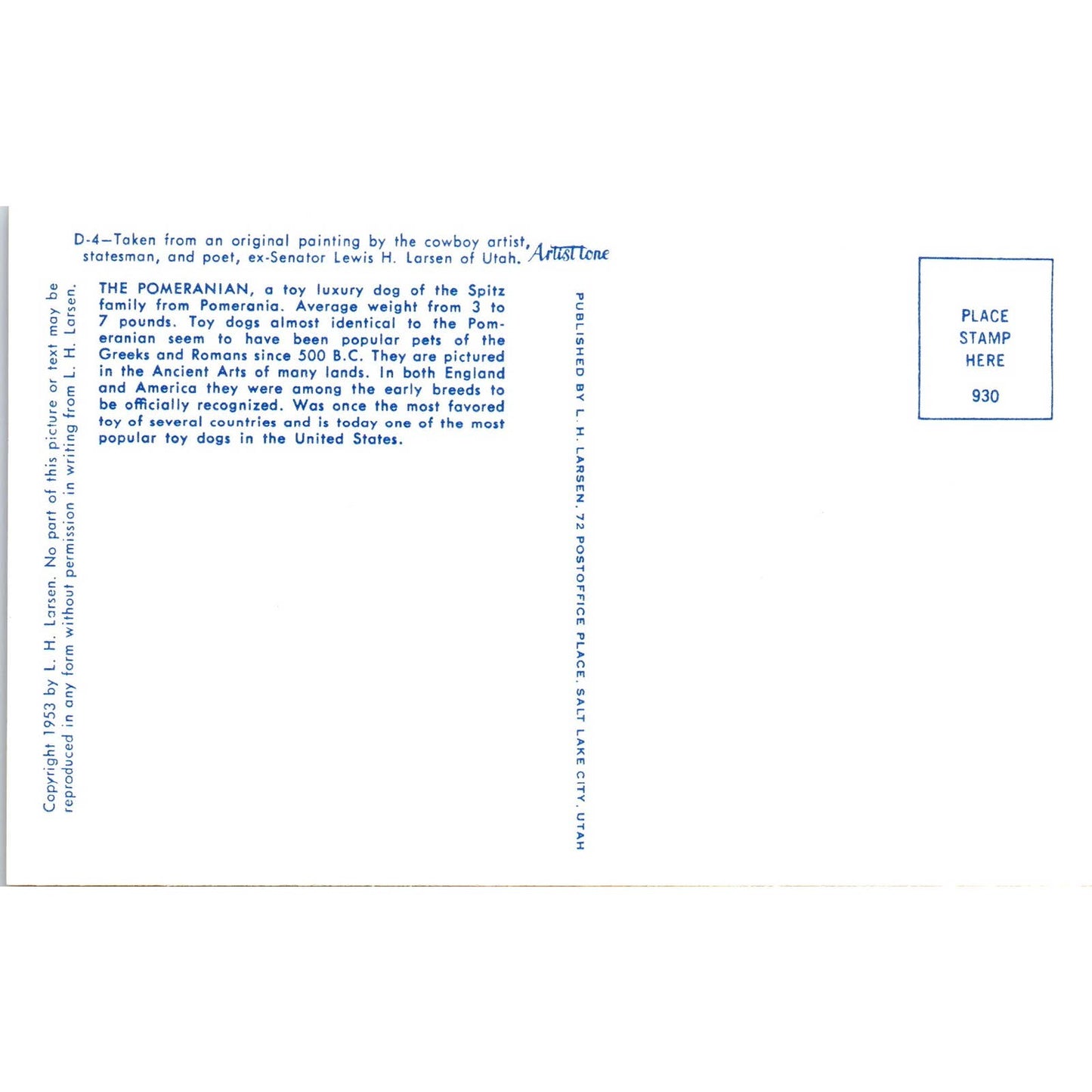 Lewis H. Larsen 1953 The Pomeranian Dog Painting Original Postcard TK1-27