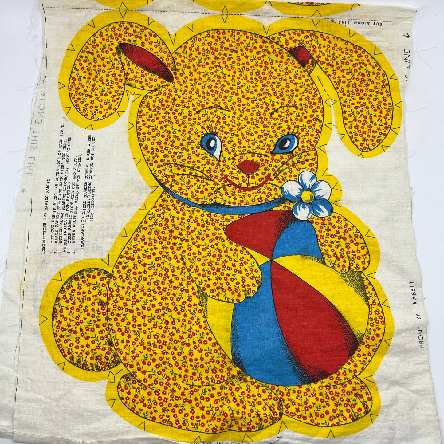 1960s Honey Bunny Yellow Calico Toy Doll Pillow Cut Sew Stuff Fabric Panel TH6