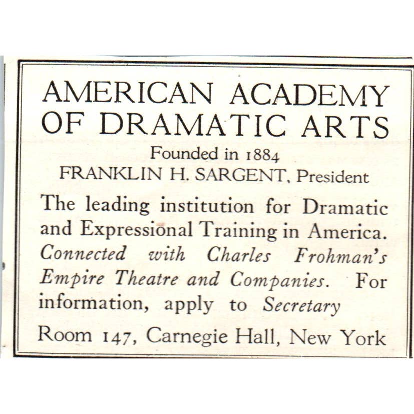 c1920 Harper's Ad American Academy of Dramatic Arts Carnegie Hall NY EA3