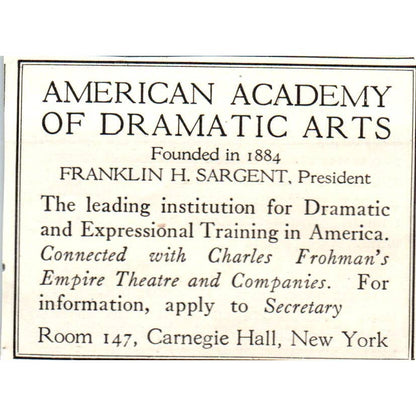 c1920 Harper's Ad American Academy of Dramatic Arts Carnegie Hall NY EA3