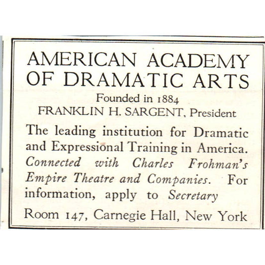 c1920 Harper's Ad American Academy of Dramatic Arts Carnegie Hall NY EA3