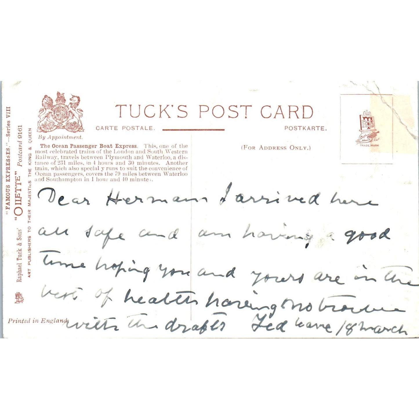 The Ocean Passenger Boat Express Train Raphael Tuck Oilette Postcard TK1-21